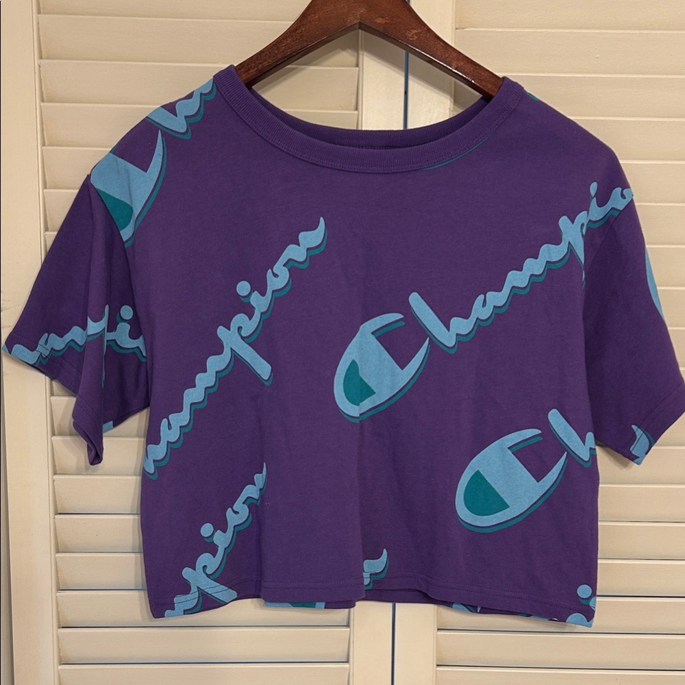 Champion Purple Tee with Teal Logo 90s athletic yoga style spring